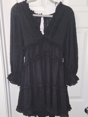 fab'rik Black Ruffle V-Neck Mini Dress